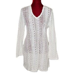 Kos Resort Off White Crochet Lace Boho Bell Sleeve Beach Cover-Up Dress Medium